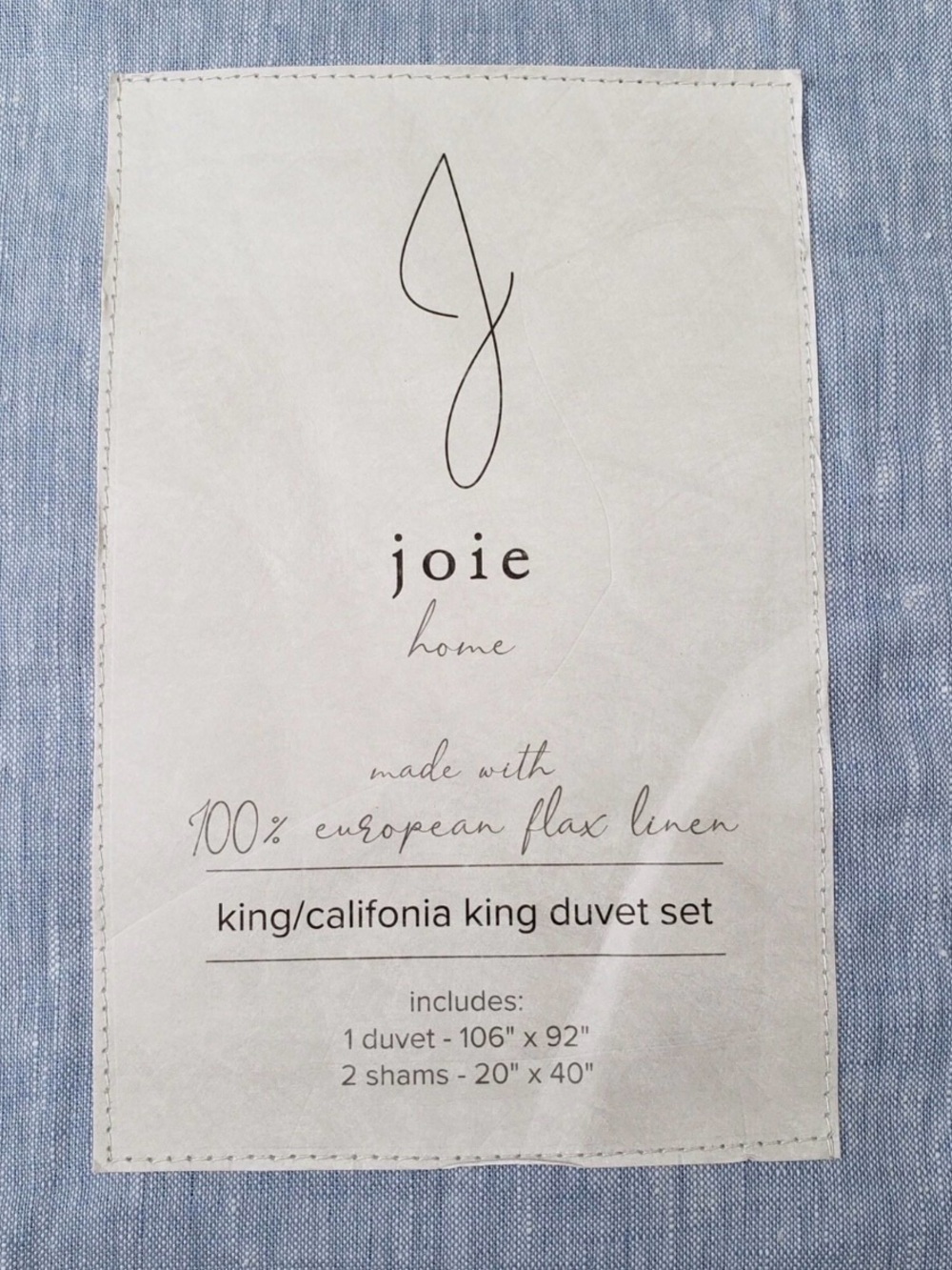 Joie Home European Flax Linen King Duvet Cover Set Coastal Blue Like New